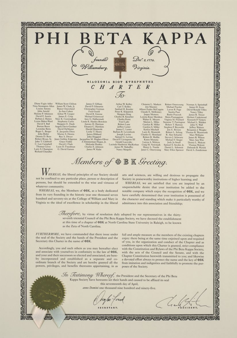 The image is a photograph of the original charter of the Zeta of NC Chapter of Phi Beta Kappa.